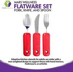3 Piece Super Easy Grip Red Flatware Set - Bendable Built Up Large Fork, Knife, and Spoon - Red