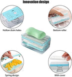 Multifunctional Soap Box,Foam Dispenser with Roller/Drain Holes,Spring Foaming Soap Bar Holder/Container/Dish/Case/Container,Family Countertop Handwashing Gadget for Bathroom/Kitchen/Shower/Bath(2pcs)
