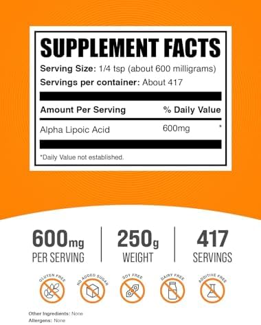 BulkSupplements.com Alpha Lipoic Acid Powder - ALA Supplement, Antioxidant Supplement - Gluten Free, 600mg per Serving, 250g (8.8 oz) (Pack of 1)