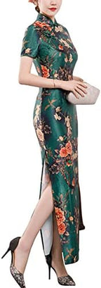 Women's Elegant Floral Satin Long Cheongsam Short Sleeve Mandarin Collar High Split Maxi Dress Traditional Chinese Qipao