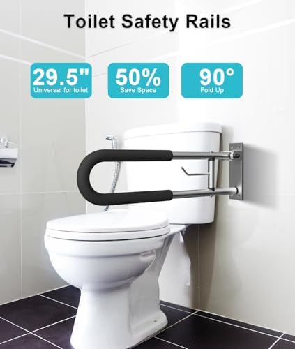 Foldable Toilet Grab Bar, 30 Inch Wall Mounted Flip-Up Safety Rail, 2mm Thick Heavy-Duty Rust-Resistant Aluminum Bathroom Support Bar for Elderly, Disabled, Handicap & Mobility Assistance