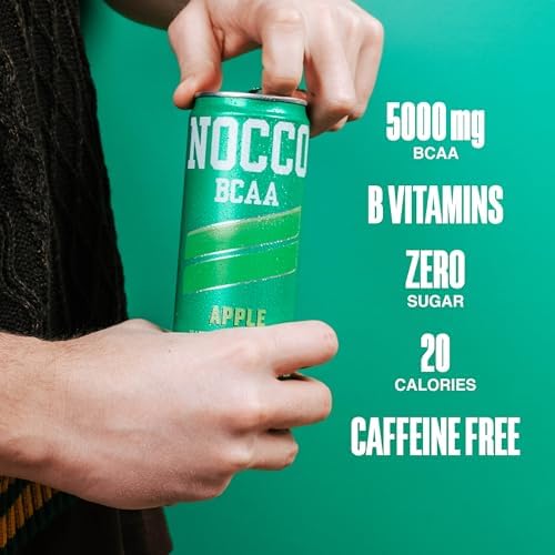 NOCCO Zero Sugar BCAA Drink, Apple - 12 Fl Oz (Pack of 12) - 0mg Caffeine, Sugar Free with Branched Chain Amino Acids, Carbonated & Low Calorie, B Vitamins, Grab & Go Performance Beverage