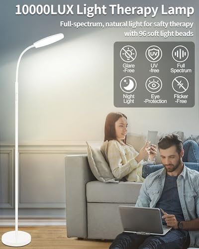 LanSuper Light Therapy Lamp, 10000 Lux UV-Free Happy Therapy Lamp, Full Spectrum Sunlight Lamp with Remote Control, Light Therapy Floor Lamp with 10 Color Temperature & 6 Brightness & Timer-White