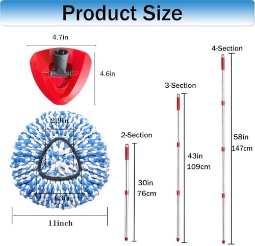 Spin Mop Replace Heads for O Cedar Rinse Clean 2 Tank System, Spin Mop Replacement Head 2 Microfiber Mop Refills, 1 Triangle Head Cover and 30-58in Handle