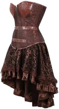 Corset Dress Skirt Tutu Set Women Steampunk Gothic Punk Bustier Pirate Costume Halloween Brown