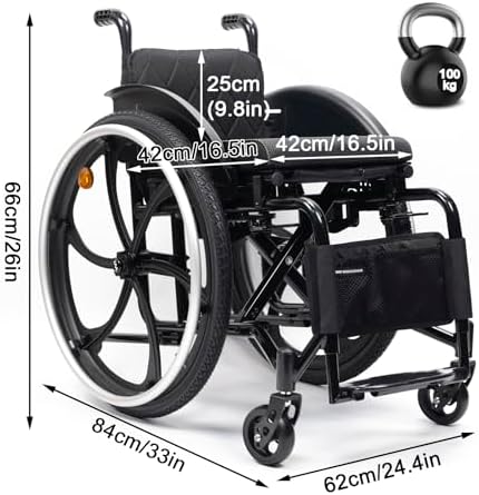 Sports Leisure Wheelchair, Folding, Lightweight, Self Propelled, All Terrain, Black, Aluminum Frame, Handbrakes, Quick Release Wheels, Seat Width 38cm