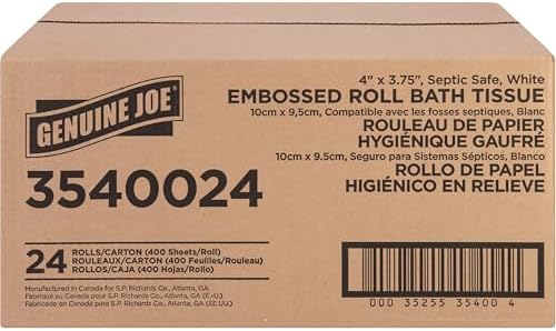 Genuine Joe Embossed Bath Tissue, 2-Ply, Septic Safe, Individually Wrapped, 4" x 3.75", 400 Sheets/Roll, 24 Count