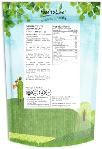 Food to Live Organic White Quinoa Flour, 2 Pounds – Non-GMO, Fine Ground Whole Grain, Vegan, Kosher, Bulk Powder, Perfect for Baking and as Thickener