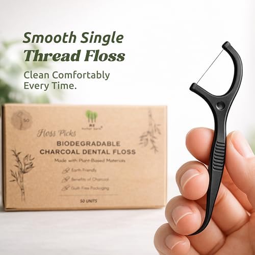 Me Mother Earth Vegan Biodegradable Dental Floss Picks (200 Count) - Natural | Sustainable | Eco-Friendly | Charcoal Dental Flossers for a Zero Waste Oral Care (3 Inch)