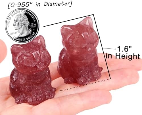 QINJIEJIE Strawberry Quartz Cat Crystals Figurines Carved Stone Healing Crystal Gemstone Sculpture Home Office Decoration Sitting Cat Statue Gifts for Women