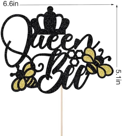 Glitter Queen Bee Cake Topper, Bumble Bee Themed, Gold & Yellow, 1 Count, 6.6 x 5.5 inches, Mother's Day & Birthday Occasion
