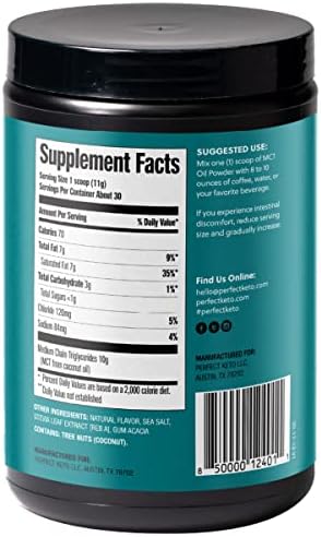 Perfect Keto 7g MCT Oil Powder, Medium Chain Triglycerides Supplement, Non Dairy Coffee Creamer for Keto Diet, Ketogenic MCT Oil Mix for Coffee, Smoothie, Protein Shakes, Salted Caramel, 30 Servings