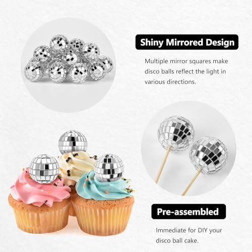 24 Pcs Disco Ball Cupcake Toppers, Mini Disco Ball Cake Picks Birthday Cake Decorations for 1970s Disco Theme Party Favor