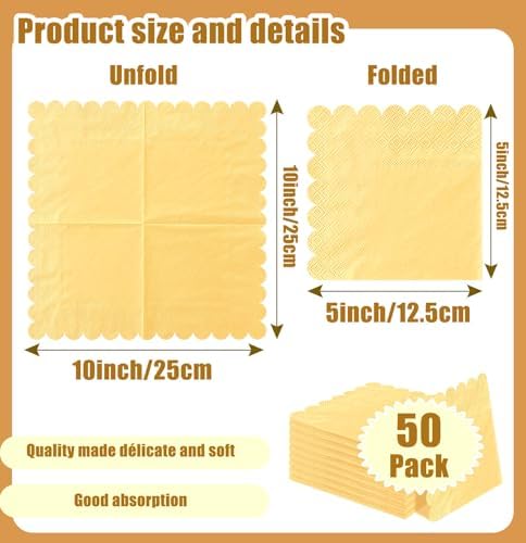 SietDESEO 50 Pieces 3-ply Yellow Napkins Disposable Folded 5 x 5 Inches Scalloped Cocktail Napkins Paper Napkins for Dinner Wedding Birthday Party Yellow Dessert Napkin