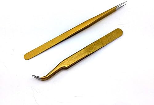 yueton 2pcs Gold Color Coated Stainless Steel Straight and Curved Head Tweezers with Leather Case for Eyelash Extension