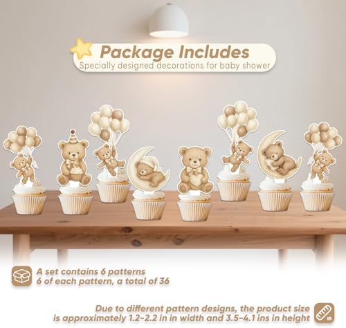 36 Pcs Bear Cupcake Toppers, Brown Bear Baby Shower Decorations, We Can Bearly Wait Cake Topper for Gender Reveal Party Supplies