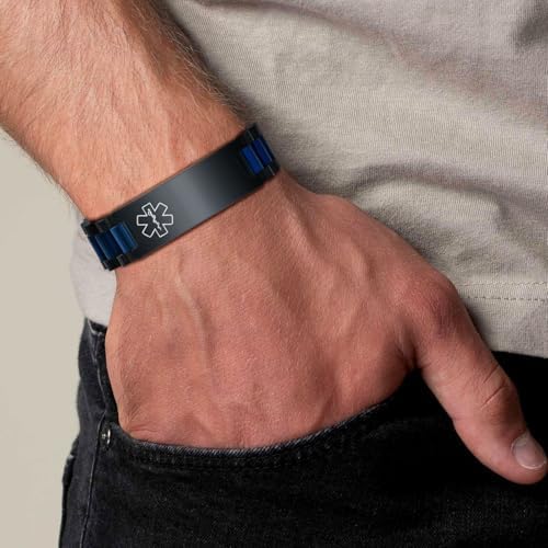 Medical ID Bracelet for Men: Free Engraving Black Masculine Watch Band Style Medical Alert Wristband Personalized Medic ID Bracelet Jewelry for Men