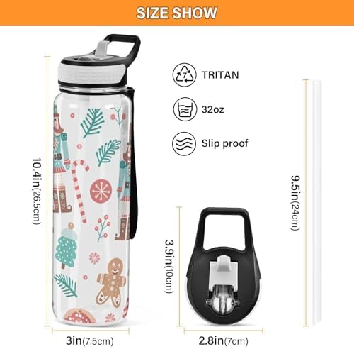 Christmas Nutcracker Water Bottle with Straw Lid 32oz Leakproof Clear Gym Water Bottles for Women Men Outdoor Sport Drinking