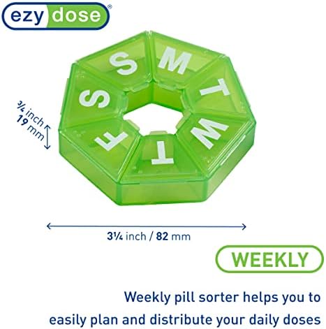 EZY DOSE Weekly Pill Organizer, Medicine Box, and Vitamin Planner, Travel Pill Planner, Portable Storage, 7-Sided, Green, BPA Free