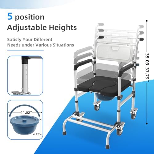 4 in 1 Rolling Bedside Commode Chair with Wheels for Elderly, Shower Chair with Handles, Adjustable Height Raised Toilet Seat for Seniors,Disabled and Pregnant Holds Up to 350 lbs (Black)