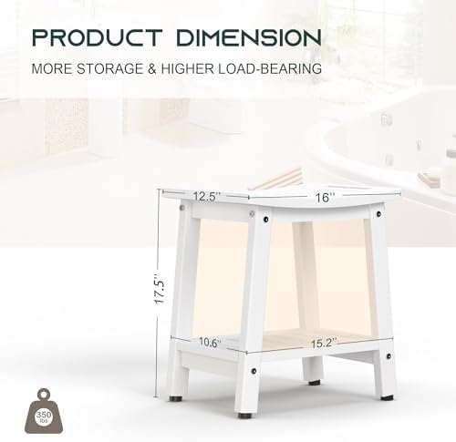 Shower Bench for Inside Shower - White HDPE Shower Stool Waterproof - Spa Bathroom Seat Chair with Handle, Storage Shelf, Adjustable Feet - Indoor/Outdoor, Weather Resistant