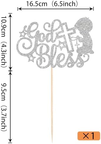 Rsstarxi 1 Pack God Bless Cake Topper Baptism Cake Decoration God Bless Boy First Communion Cake Pick for Baptism Baby Shower Birthday Party Decorations Supplies Silver