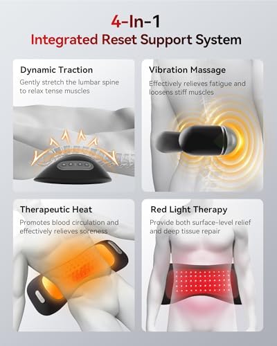 4-in-1 Lumbar Support Pillow Cordless Rechargeable 5000mAh with Red Light Therapy, Electric Lower Back Massager w/Vibration, Airbag Traction & Heating for Pain Relief Deep Tissue, Black