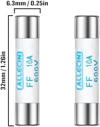 FF10A Multimeter Fuse 10A 600V 6.3x32MM Digital Multi Meter Fast Acting Fuses 10 Amp 600 Volt 0.25x1.26Inch Nickel-Plated Brass Ceramic Fast Blow Multimeters Fusibiles (Pack of 10Pcs)