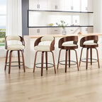 Swivel Bar Stools Set of 4,26" Faux Leather Upholstered Counter Height Barstools with Back,Mid-Century Modern Bar Chairs with Bentwood Legs and Footrest for Kitchen Island Bar Counter Beige