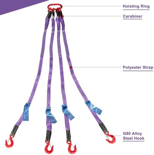 Pindex 5ft 3t Chain Sling for Lifting, 6610lbs Polyester Strap Lifting Sling Chain Hoist with G80 Alloy Steel 4 Legs Grab Hook and Adjuster, Adjustable Length and Angle for Safe Towing