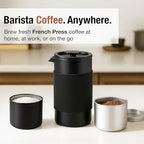 Travel French Press Coffee Maker Set - 12 oz | Portable Travel French Press Coffee Maker | Double Wall Insulated with Dual Stainless Filters & 2 Steel Canisters for Grounds, Tea, Creamer & Sugar