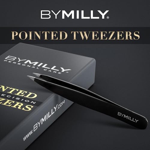Pointed Tweezers | High Carbon Stainless Steel Needle Nose | Fine Point Precision Hair Removal | Perfectly Aligned & Hand-Filed Sharp | Black