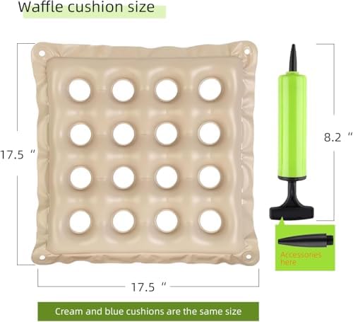 Waffle Cushion 2 Pack - Inflatable Air Cushion with Pump - Pressure Sore Relief - Cream and Blue 17x17 Inch