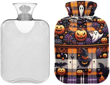 Halloween Tartan Plaid Hot Water Bottle with Soft Cover Feet Warmer with Soft Cover Hot Water Bag for Neck, Shoulder and Menstrual Cramps, 1 Liters