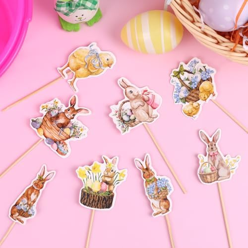 LOMIMOS 48Pcs Easter Cupcake Topper with Sticks Glue Point，Watercolor Floral Easter Bunny Cupcake Topper Happy Easter Food Picks for Easter Spring Party Supplies Baby Party Essentials
