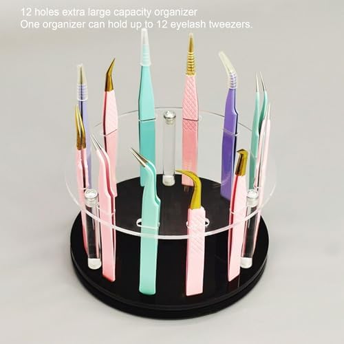 Tissting Acrylic Tweezers Holder, Rotatable Eyelash Extension Tweezer Display Stand 12 Holes Tweezer Storage Shelf Holder Tool for Salon Home Use Lash Extension Supplies(Black)