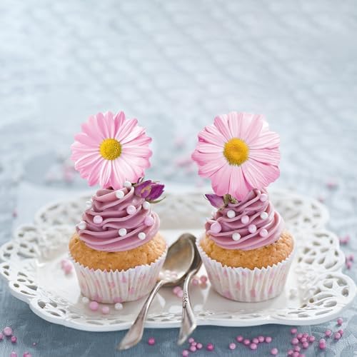 60Pcs Edible Daisy Cupcake Toppers Wafer Paper Flower Cake Topper Decorations Flower Chrysanthemum Party Decorations for Birthday Wedding Kids Birthday Party Supplies Pink