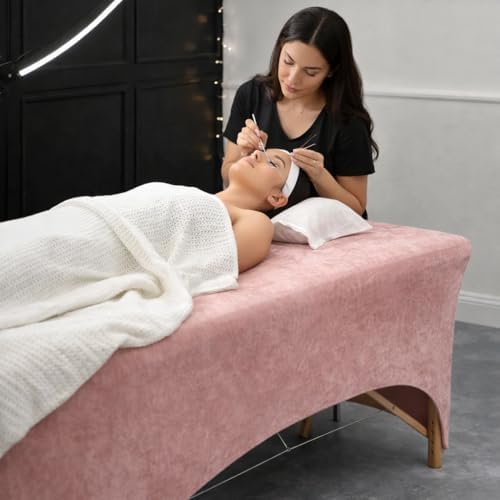 Pink Velvet Massage Table Sheet Cover – Stretchy Lash Bed & Massage Table Cover with Leg Cut-Out & Pocket – Fits 72–77” Tables – Spandex, Machine Washable