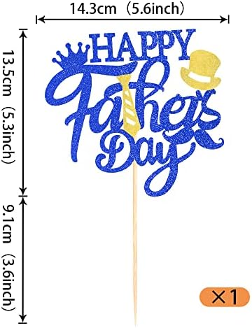 1 Pack Happy Father's Day Cake Topper Glitter Best Dad Cake Pick Super Dad Tie Hat Moustache Cake Decoration for Happy Father's day Theme Men Birthday Party Supplies Blue
