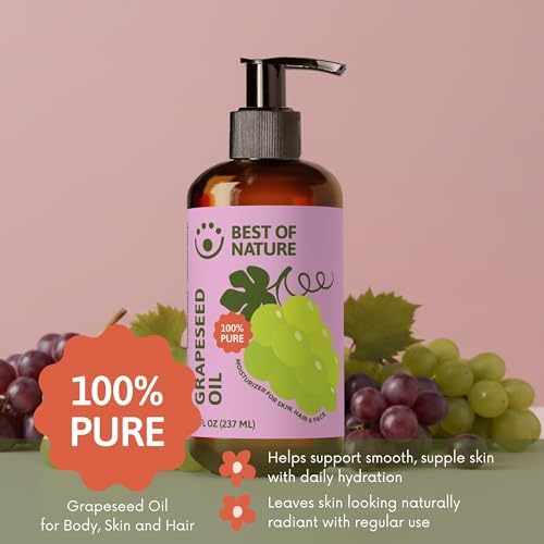 Best of Nature 100% Pure Grapeseed Oil - Unscented, Lightweight, Non-Greasy Moisturizer for Hair, Skin, Face & Aromatherapy, Carrier Oil for Essential Oils, Half Gallon (64 fl oz)