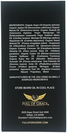 FULL OF GRACE Premium Beard Oil, Organic And Natural, With 22 Ingredients Including Argan, Jojoba, Abyssinian To Condition, Hydrate Beard And Moisturize Facial Skin- Oud, Vanilla Caviar & Amber | 30ml