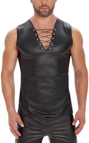 Men Sexy Leather Tank Top, Adjustable, Male Shiny Soft Matte Vest, Black