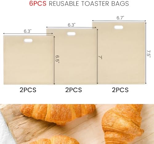 VGOODALL 6 Pack Reusable Toaster Bags, 3 Sizes Non Stick Heat Resistant Sandwich Bags Easy to Clean for Grilled Cheese Sandwiches