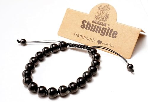 RICHRAIN™ Shungite Bracelet for Men Women, 8mm Natural Matte Shungite Stone Beads, Handmade Braided Black Crystal Healing Gemstone Bracelet, Adjustable 6-8 Inch Wrist, Protection Bracelets Jewelry Gift for Mom Mothers