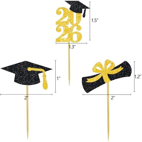 Graduation Cupcake Toppers Grad Party Decoration Food Picks Congrats Glitter Diploma Cap School Colors Supplies 24 PCS Gold Black