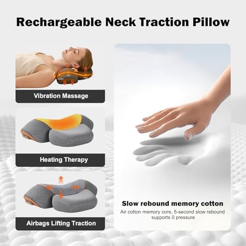 3-in-1 Rechargeable Neck Massager Pillow with Heat, Vibration, Traction Massager for Neck Pain and Hump Relief, Gifts for Men Women Home Office Travel