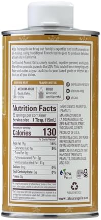 La Tourangelle, Roasted Peanut Oil, Slow Roasted Expeller-Pressed for Rich Flavor, Perfect for Cooking & Baking, Med-High Heat, Unrefined, Small Batch Production in USA, 16.9 Fl Oz
