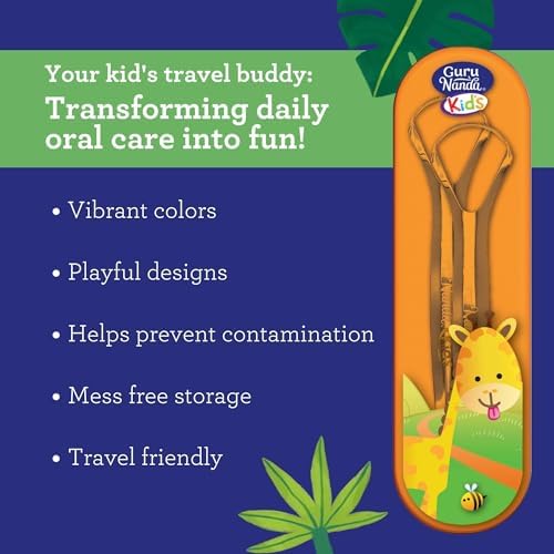 GuruNanda Kids Tongue Scraper (2-Pack) with Travel Case, Stainless Steel, Aids in Fresh Breath - Travel-Friendly Tongue Cleaner (Green/Pink/Orange)