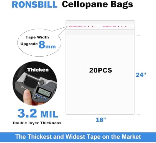 RONSBILL 20 PCS 18x24 Inches Thick 3.2Mil Self Sealing Clear Cellophane Plastic Bags Self Adhesive Large Resealable Cello Bags Packaging Clothing Gifts Artwork Poly Bag
