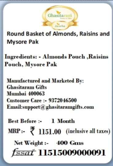 Ghasitaram Gifts Diwali Gifts Round Basket of Almonds, Raisins and Mysore Pak